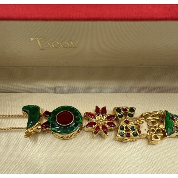Tacoa Christmas Charm Bracelet 7.5" Gold Tone Boxed Holiday Jewelry Gift - Picture 1 of 15